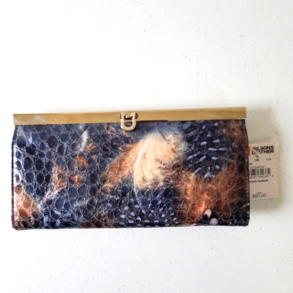 NEW Wilsons Leather Snakeskin Textured Clutch Blue Watercolor Print Wallet - Picture 5 of 16